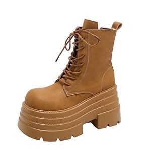 BRAND NEW Tan Faux Leather Lace Up Platform Boots Size 5